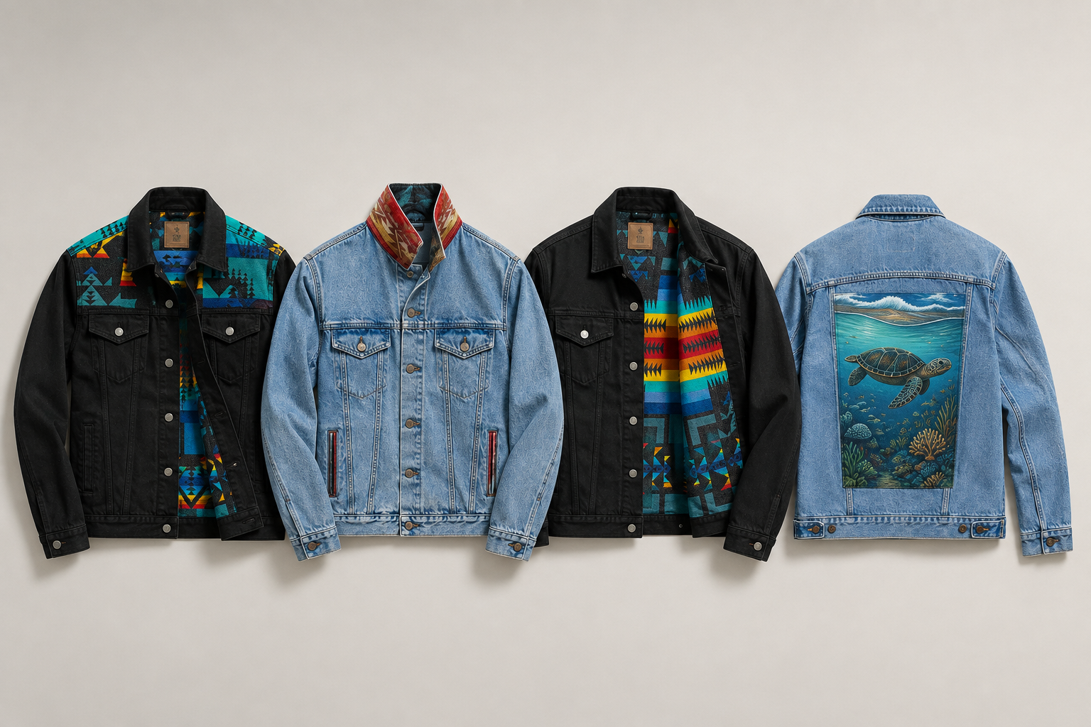 Cuatro chaquetas de denim APUK con forros y canesús en tejido andino